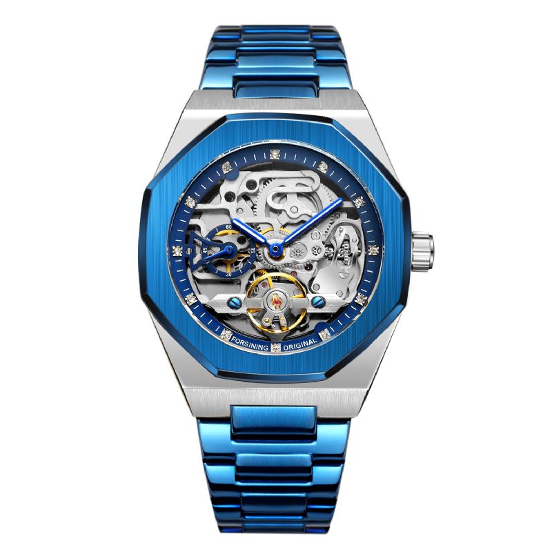 Fosining Fsg8202 Fashon Hommes Montre Automatique Cadran Creux Affichage Lumineux Bracelet En Acier Inoxydable Montre Mécanique