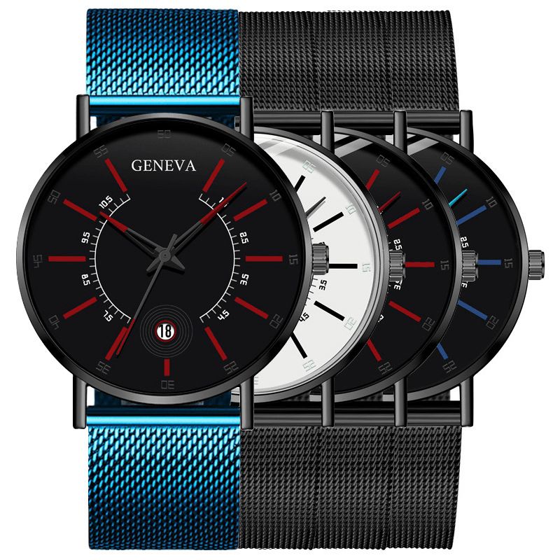 Genève Business Casual Pointeur Coloré Cadran Avec Calendrier Alliage Mesh Strap Hommes Montre À Quartz