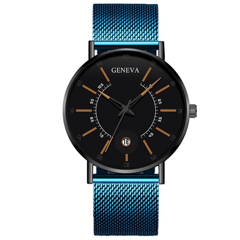 Genève Business Casual Pointeur Coloré Cadran Avec Calendrier Alliage Mesh Strap Hommes Montre À Quartz