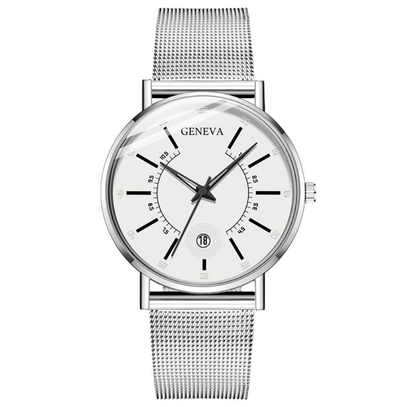 Genève Business Casual Pointeur Coloré Cadran Avec Calendrier Alliage Mesh Strap Hommes Montre À Quartz