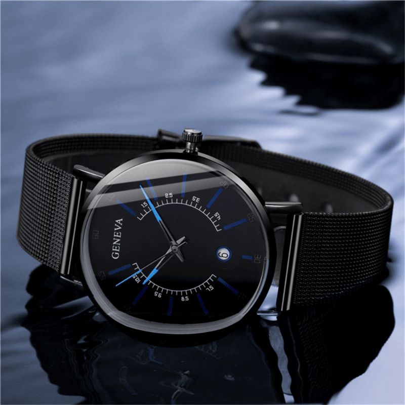 Genève Business Casual Pointeur Coloré Cadran Avec Calendrier Alliage Mesh Strap Hommes Montre À Quartz