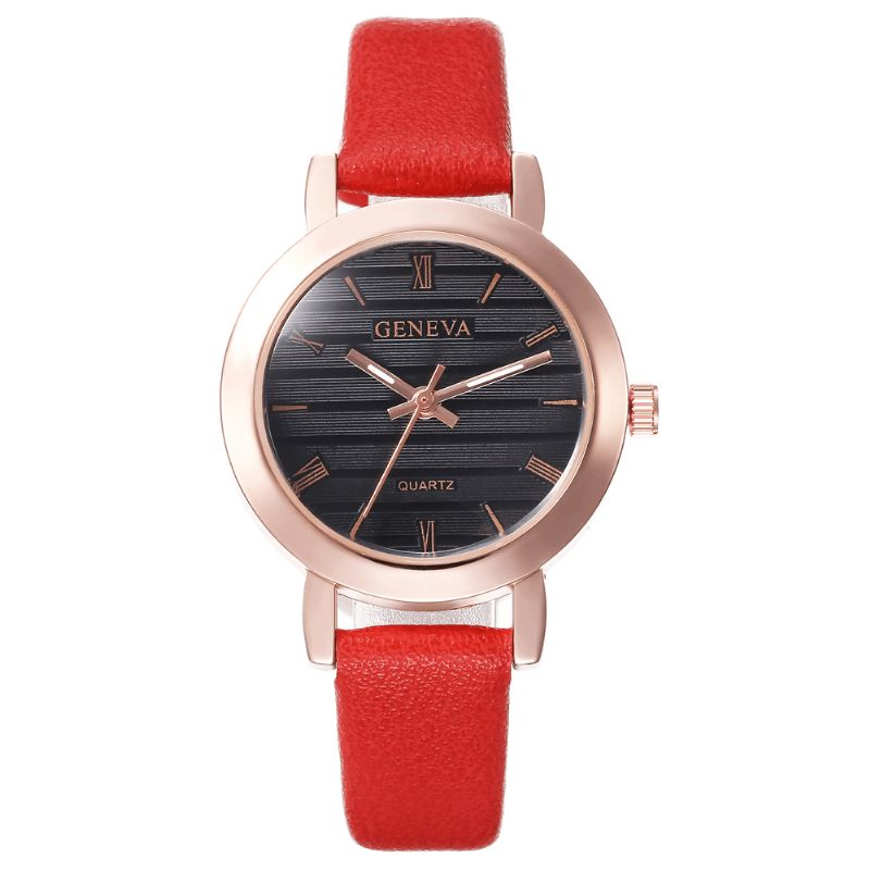 Genève Simple Style Boîtier En Métal Bracelet En Cuir Couleur Femmes Montre À Quartz