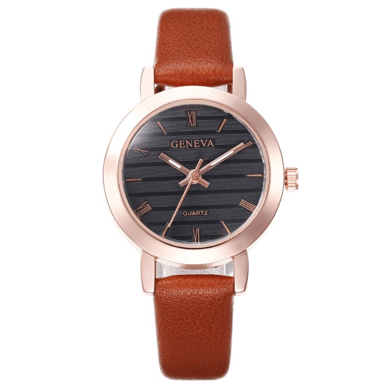 Genève Simple Style Boîtier En Métal Bracelet En Cuir Couleur Femmes Montre À Quartz