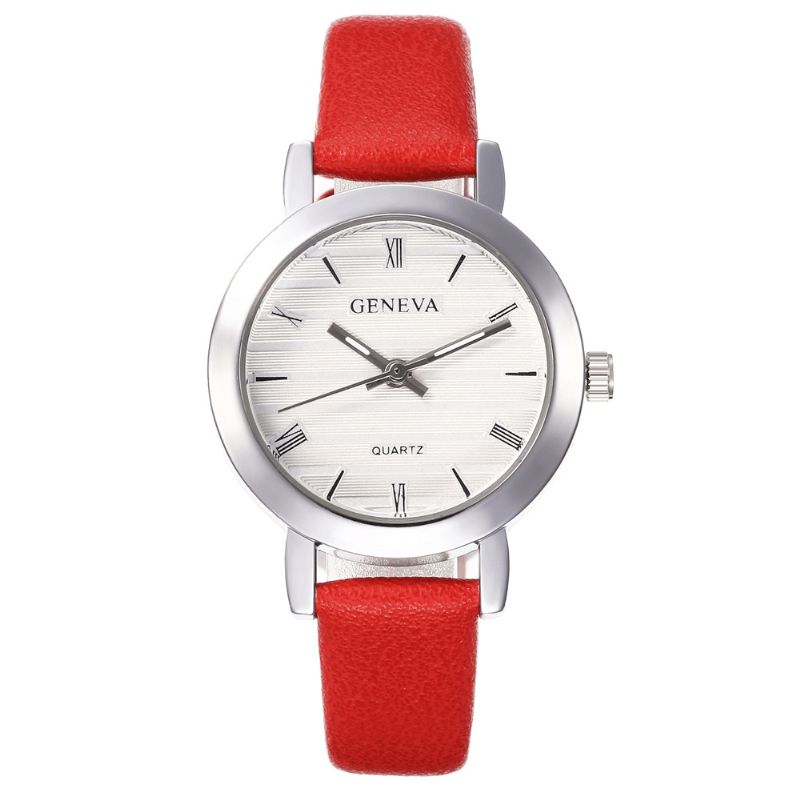 Genève Simple Style Boîtier En Métal Bracelet En Cuir Couleur Femmes Montre À Quartz