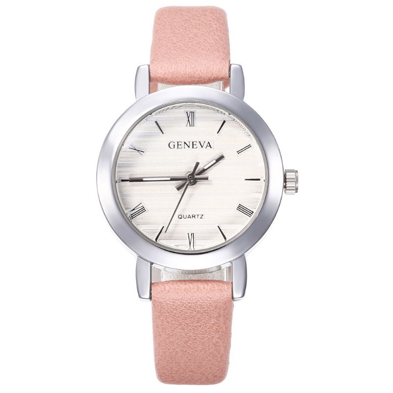 Genève Simple Style Boîtier En Métal Bracelet En Cuir Couleur Femmes Montre À Quartz