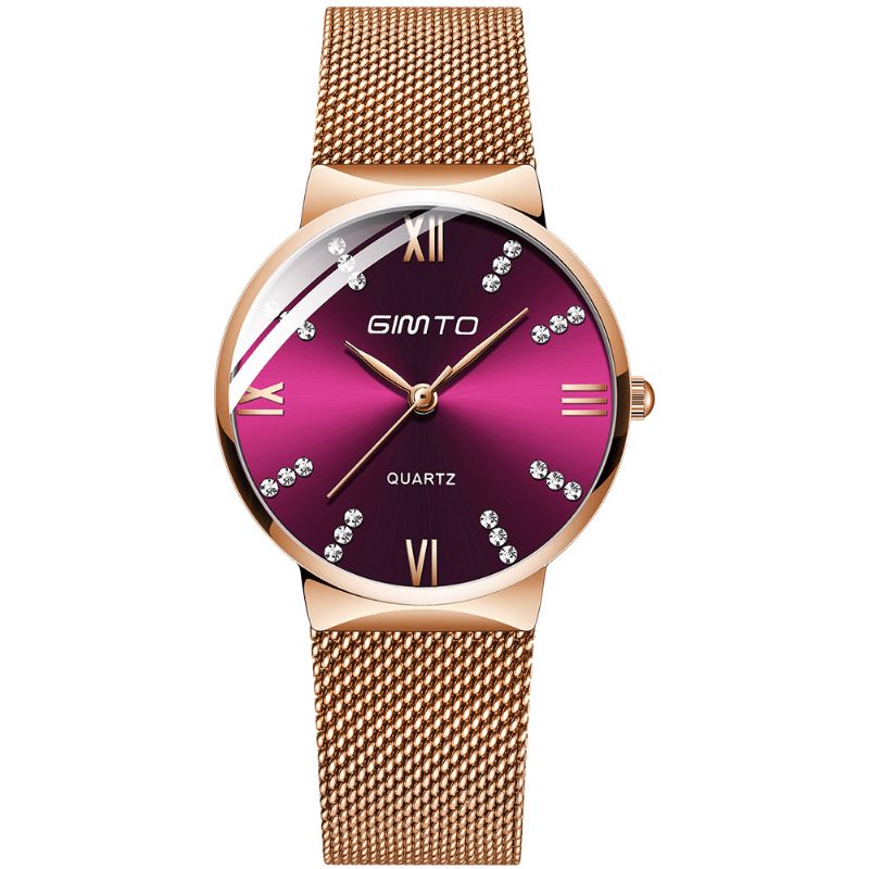 Gimto Gm616 Cristal Cadran Coloré Mode Or Rose Maille Bracelet En Acier Casual Femmes Montre À Quartz