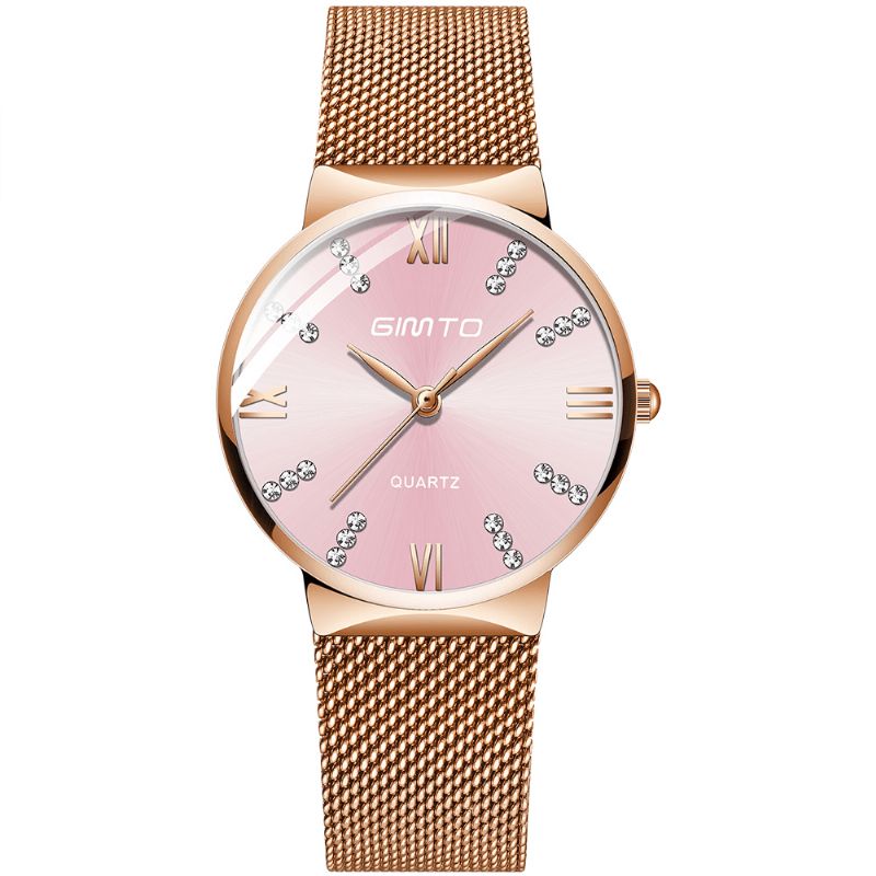 Gimto Gm616 Cristal Cadran Coloré Mode Or Rose Maille Bracelet En Acier Casual Femmes Montre À Quartz