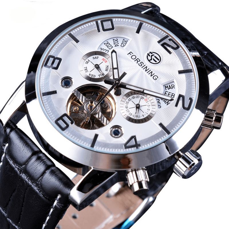 Gmt373 Mode Hommes Montre Automatique Semaine Année Bracelet En Cuir Véritable Affichage Montre Mécanique