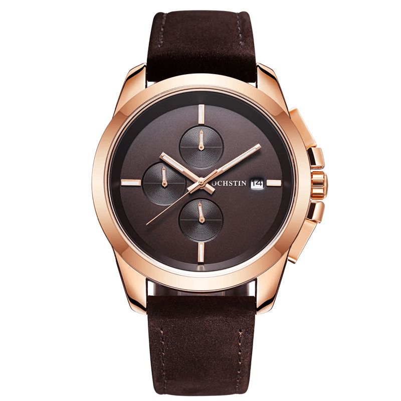 Gq059a Cuir Véritable Style Décontracté Hommes Montre-bracelet Calendrier Montre À Quartz