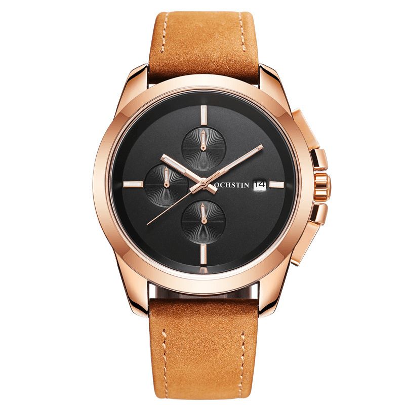 Gq059a Cuir Véritable Style Décontracté Hommes Montre-bracelet Calendrier Montre À Quartz