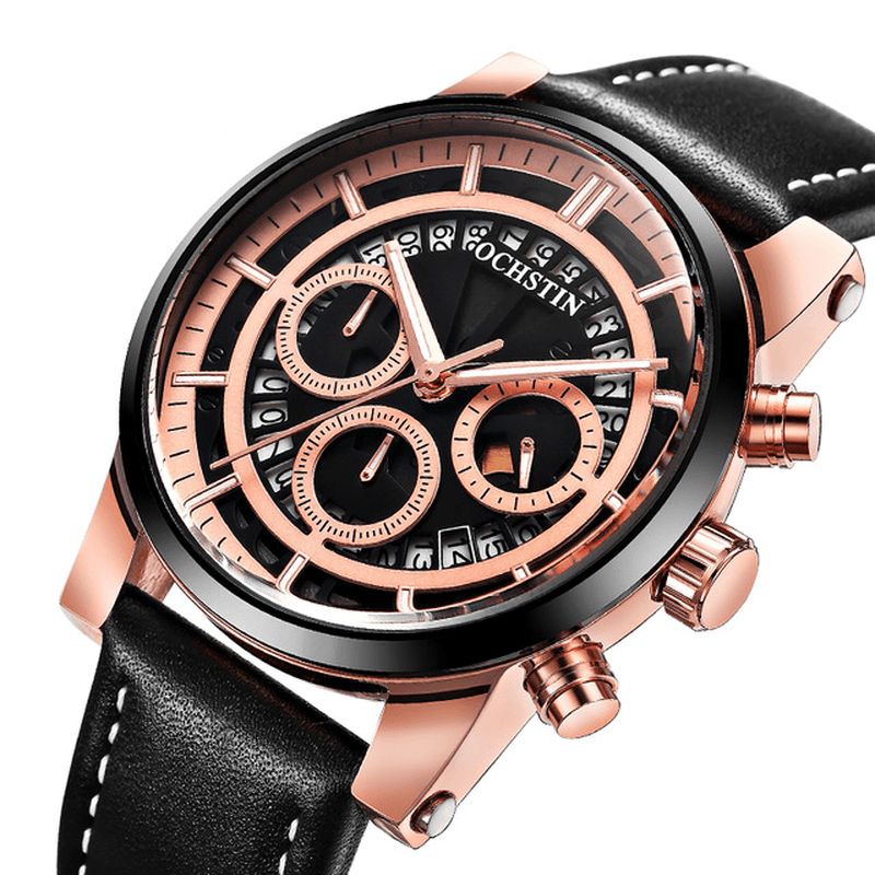 Gq6110a Affichage Lumineux Hommes Montre-bracelet Chronographe Bracelet En Cuir Montres À Quartz