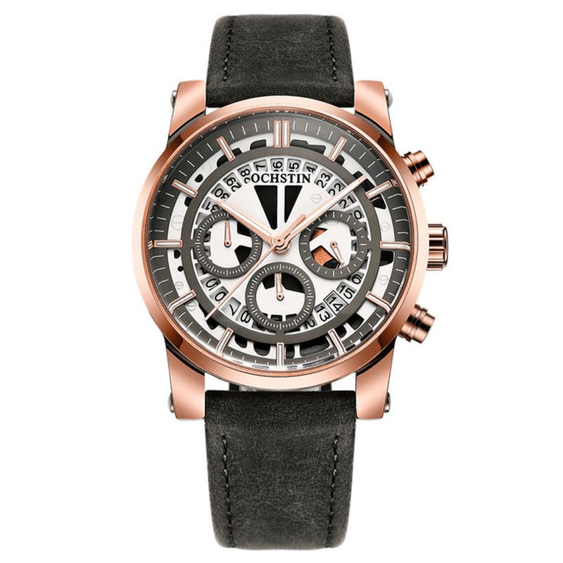 Gq6110a Affichage Lumineux Hommes Montre-bracelet Chronographe Bracelet En Cuir Montres À Quartz