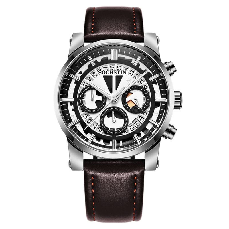 Gq6110a Affichage Lumineux Hommes Montre-bracelet Chronographe Bracelet En Cuir Montres À Quartz