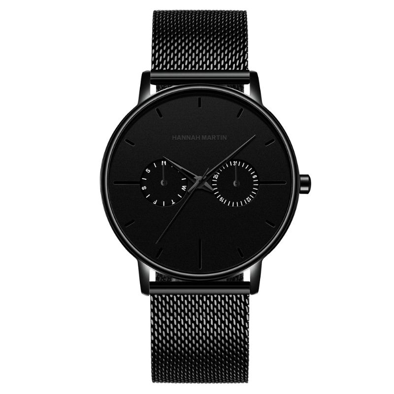 Hannah Martin Mode Casual Avec Calendrier Double Cadran Acier Maille/bracelet En Cuir Pu 3atm Étanche Hommes Montre À Quartz