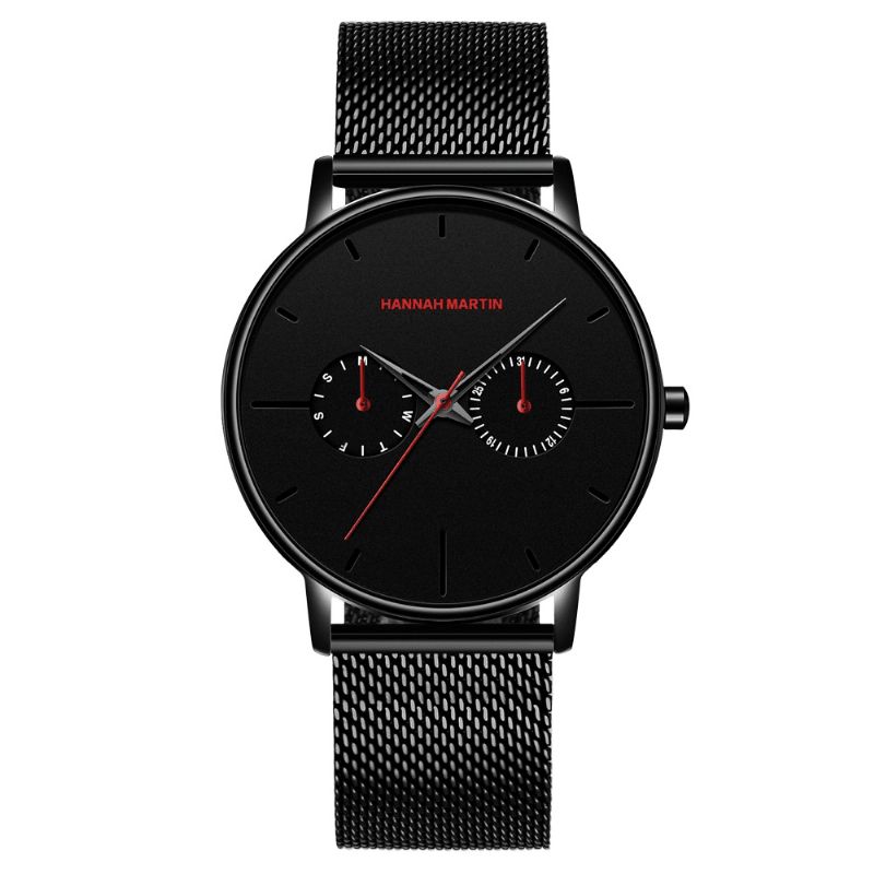 Hannah Martin Mode Casual Avec Calendrier Double Cadran Acier Maille/bracelet En Cuir Pu 3atm Étanche Hommes Montre À Quartz