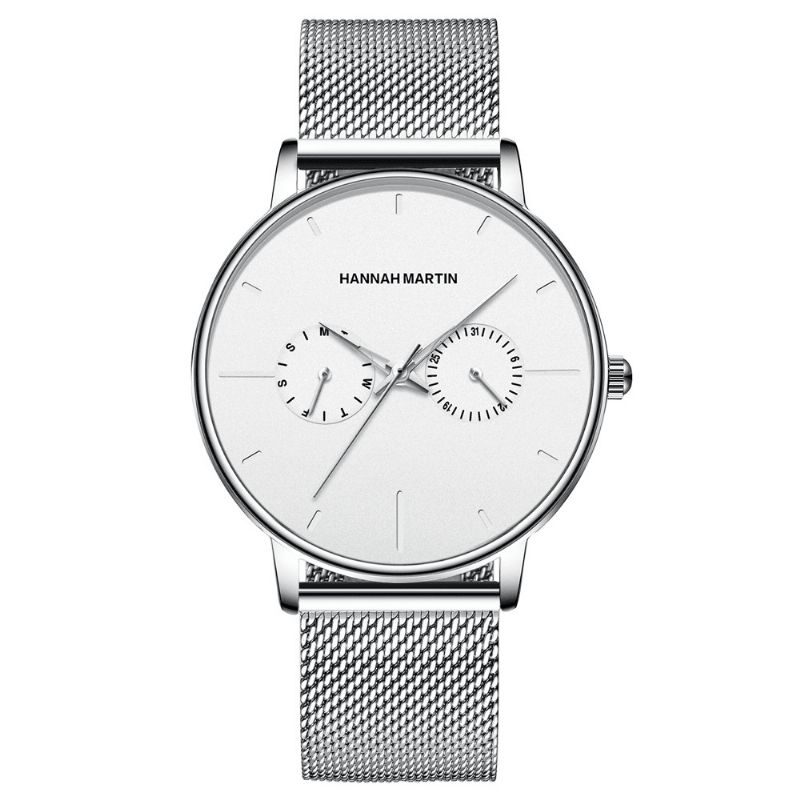 Hannah Martin Mode Casual Avec Calendrier Double Cadran Acier Maille/bracelet En Cuir Pu 3atm Étanche Hommes Montre À Quartz