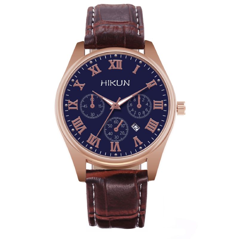 Hikun Business Casual Big Simple Dial Bracelet En Cuir Pu Montre À Quartz Pour Hommes