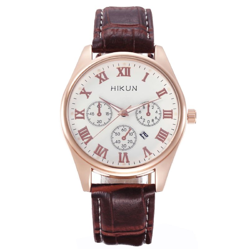 Hikun Business Casual Big Simple Dial Bracelet En Cuir Pu Montre À Quartz Pour Hommes