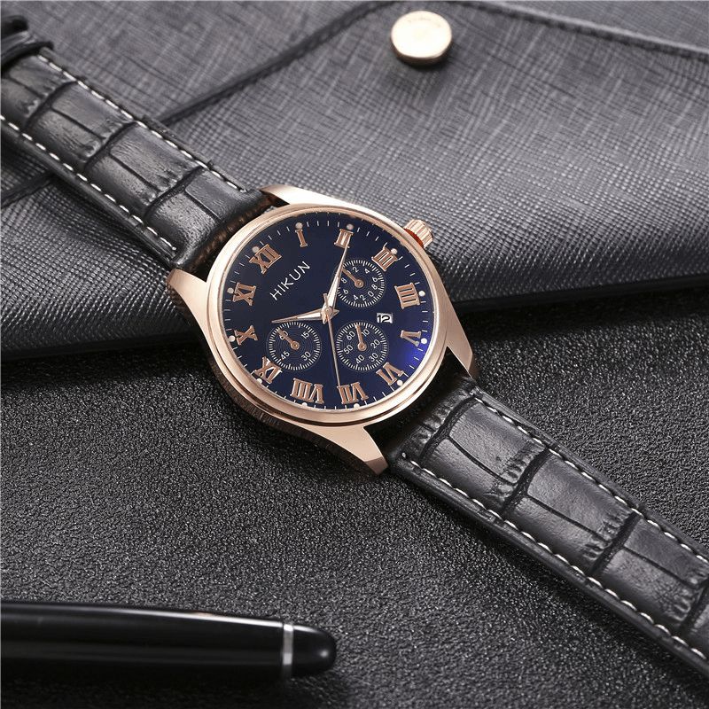 Hikun Business Casual Big Simple Dial Bracelet En Cuir Pu Montre À Quartz Pour Hommes