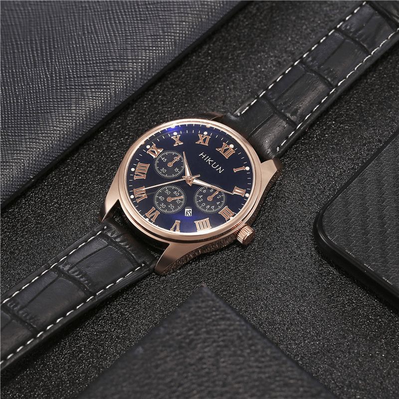 Hikun Business Casual Big Simple Dial Bracelet En Cuir Pu Montre À Quartz Pour Hommes