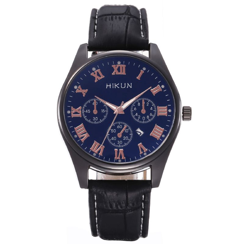 Hikun Business Casual Big Simple Dial Bracelet En Cuir Pu Montre À Quartz Pour Hommes