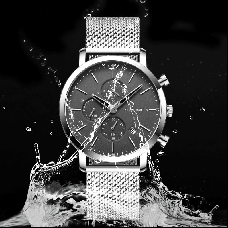 Hommes D'affaires Classiques Montre Chronomètre Calendrier Affichage 3atm Étanche Bracelet En Acier Inoxydable Montre À Quartz