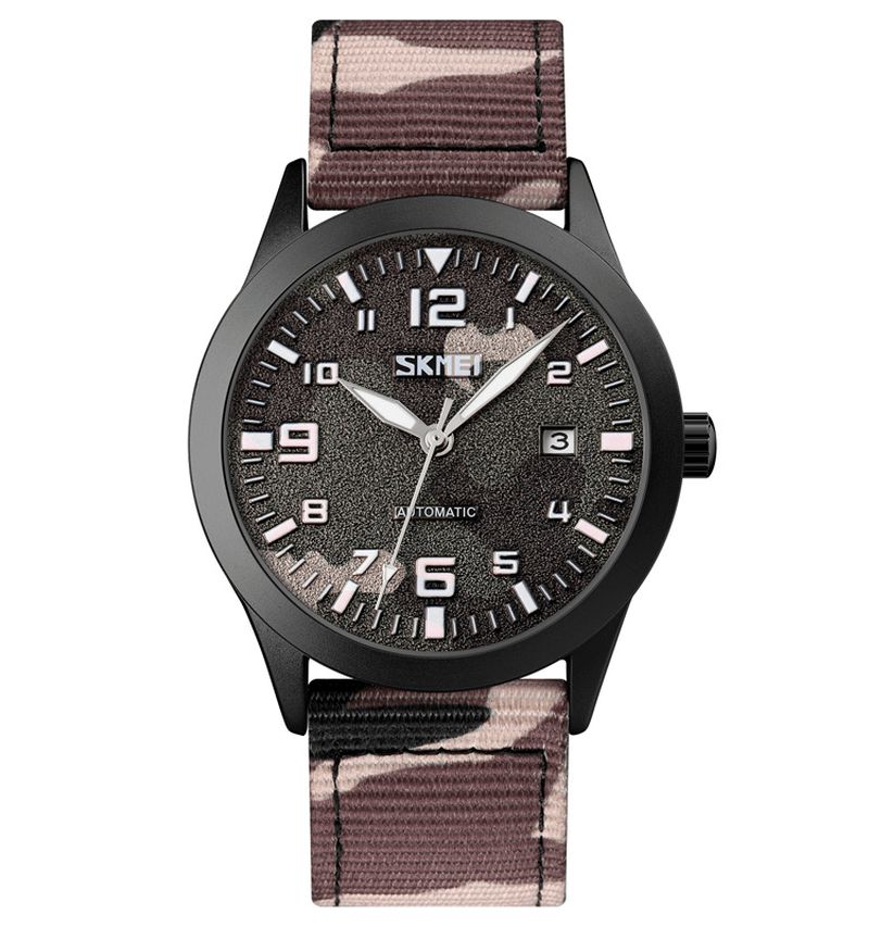 Hommes Élégants Montre Pointeur Lumineux Camouflage Bracelet En Nylon 3atm Étanche Hommes Montre Mécanique Automatique