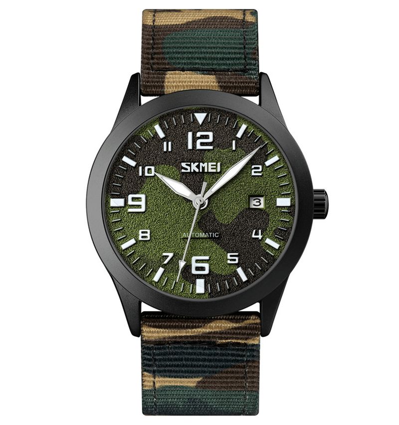 Hommes Élégants Montre Pointeur Lumineux Camouflage Bracelet En Nylon 3atm Étanche Hommes Montre Mécanique Automatique