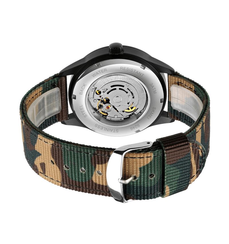 Hommes Élégants Montre Pointeur Lumineux Camouflage Bracelet En Nylon 3atm Étanche Hommes Montre Mécanique Automatique