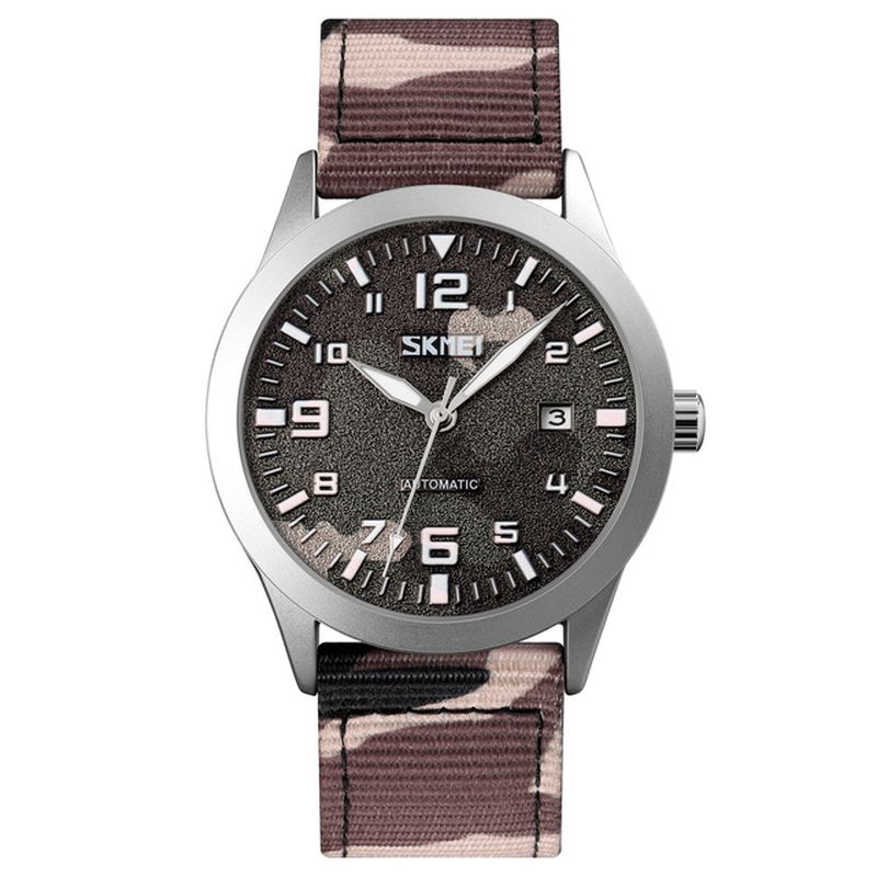 Hommes Élégants Montre Pointeur Lumineux Camouflage Bracelet En Nylon 3atm Étanche Hommes Montre Mécanique Automatique