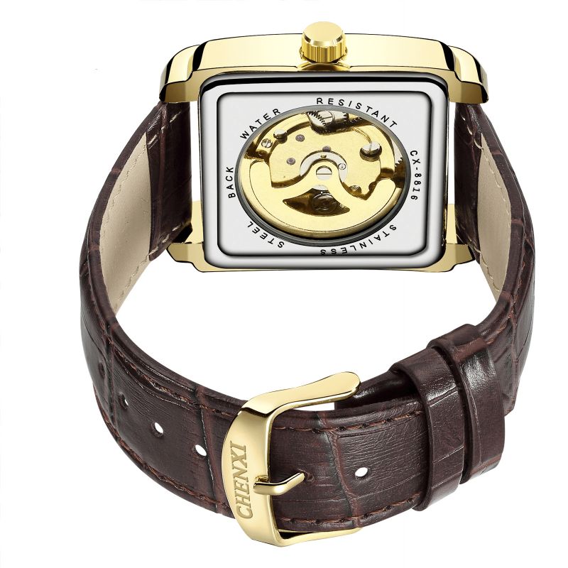 Hommes Montre Mécanique Automatique Carré 3d Cadran Évidé Pointeur Lumineux Bracelet En Cuir Montre-bracelet Étanche