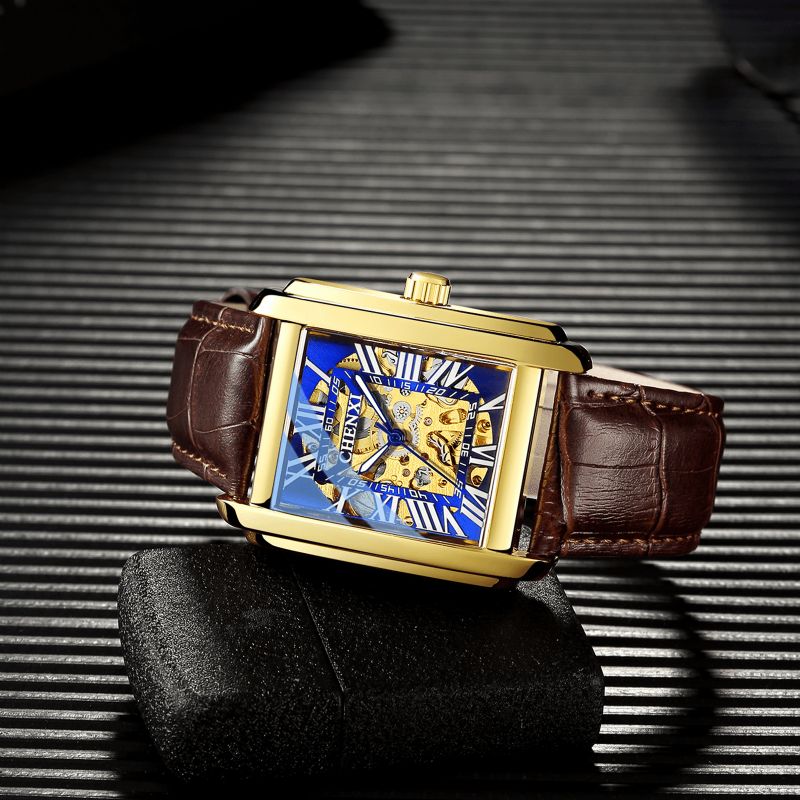 Hommes Montre Mécanique Automatique Carré 3d Cadran Évidé Pointeur Lumineux Bracelet En Cuir Montre-bracelet Étanche