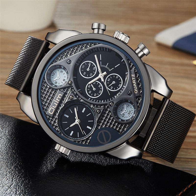 Ht9316b Montre À Quartz Mode Vintage Grand Cadran Double Fuseau Horaire Maille Bande Hommes Montre