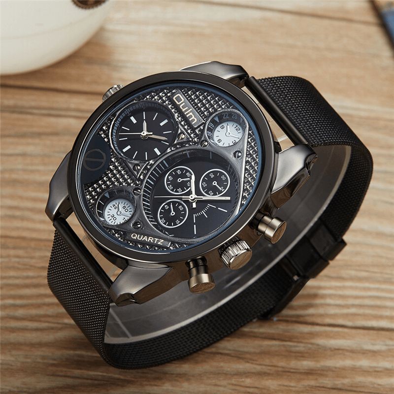 Ht9316b Montre À Quartz Mode Vintage Grand Cadran Double Fuseau Horaire Maille Bande Hommes Montre