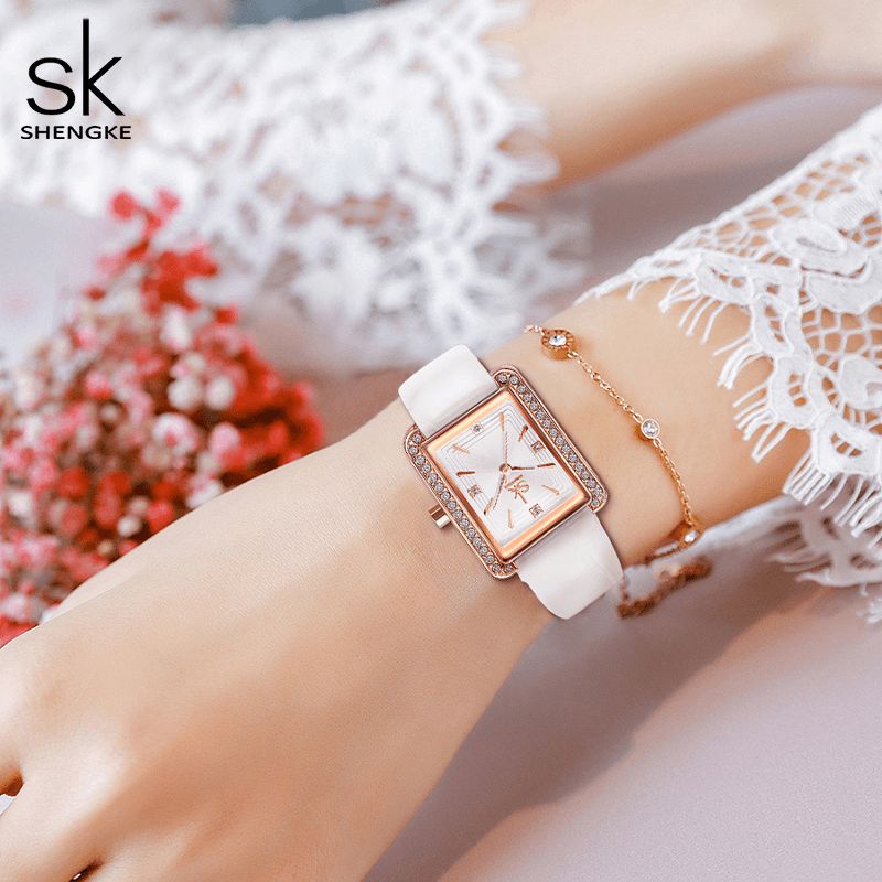 K0151 Strass Décoration Cadran Rectangulaire Cuir Pu/acier Bracelet En Maille 3atm Femmes Montre À Quartz