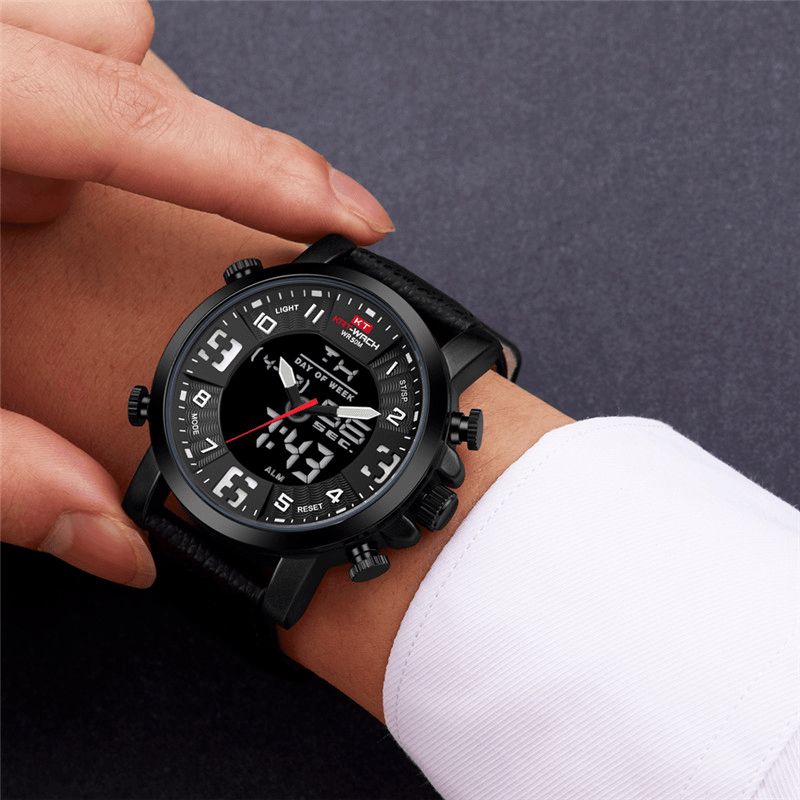 Kat-wach 1845 Montre Numérique Multifonction Lumineuse Led Chronographe Calendrier Bracelet En Cuir Véritable 5atm Étanche Extérieure Hommes Double Affichage Montre