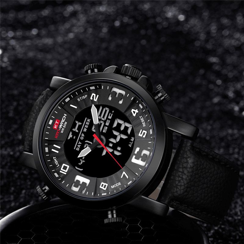 Kat-wach 1845 Montre Numérique Multifonction Lumineuse Led Chronographe Calendrier Bracelet En Cuir Véritable 5atm Étanche Extérieure Hommes Double Affichage Montre