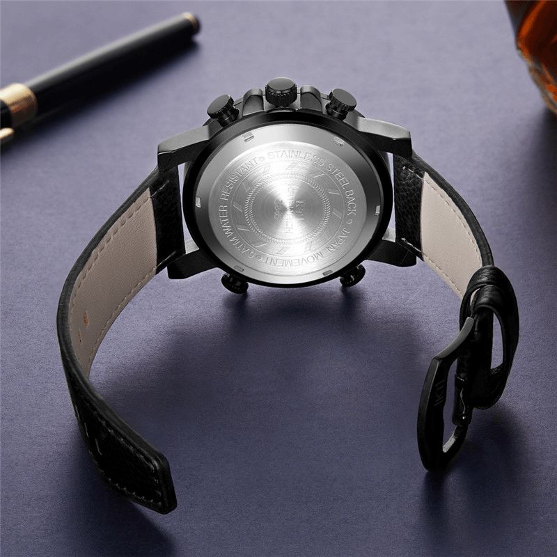 Kat-wach 1845 Montre Numérique Multifonction Lumineuse Led Chronographe Calendrier Bracelet En Cuir Véritable 5atm Étanche Extérieure Hommes Double Affichage Montre