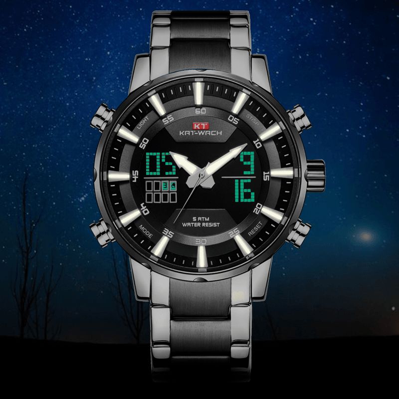 Kat-wach 2027 Multifonction Montre Numérique Lumineux Led Chronographe Calendrier Réveil 5atm Étanche En Plein Air Hommes Double Affichage Montre