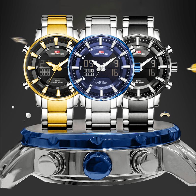 Kat-wach 2027 Multifonction Montre Numérique Lumineux Led Chronographe Calendrier Réveil 5atm Étanche En Plein Air Hommes Double Affichage Montre