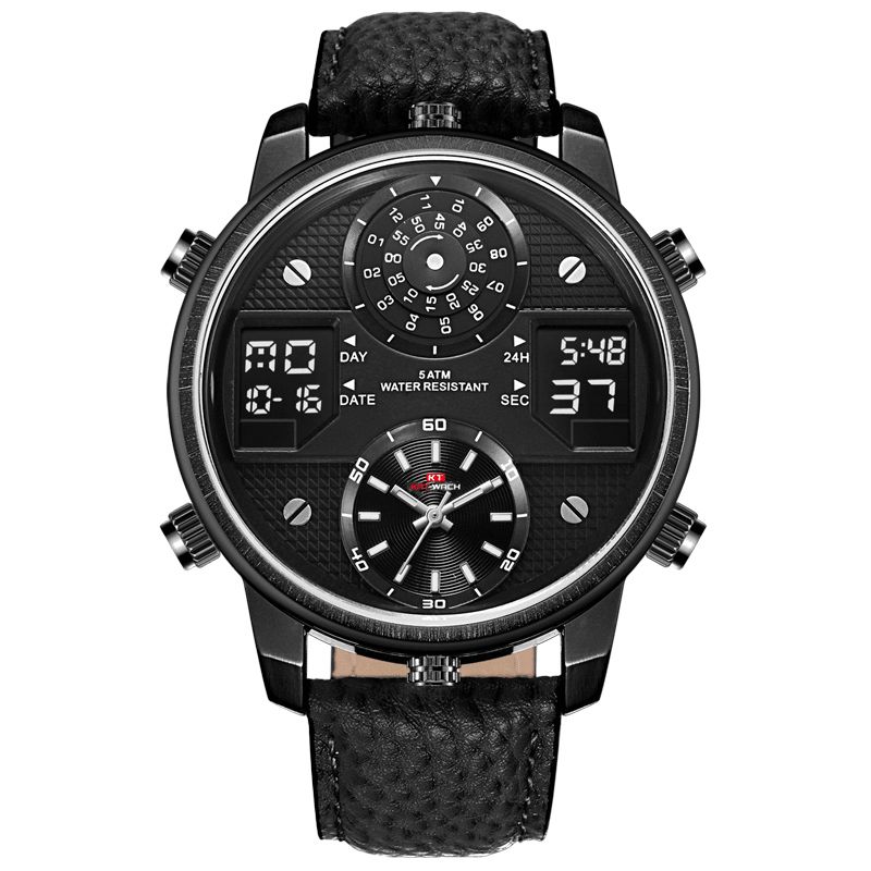 Kat-wach 720 Multifonction Mode Montre Numérique Affichage Led Lumineux Chronographe Calendrier Réveil Bracelet En Cuir Véritable 5atm Étanche Extérieur Hommes Double Affichage Montre