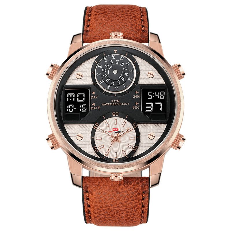 Kat-wach 720 Multifonction Mode Montre Numérique Affichage Led Lumineux Chronographe Calendrier Réveil Bracelet En Cuir Véritable 5atm Étanche Extérieur Hommes Double Affichage Montre