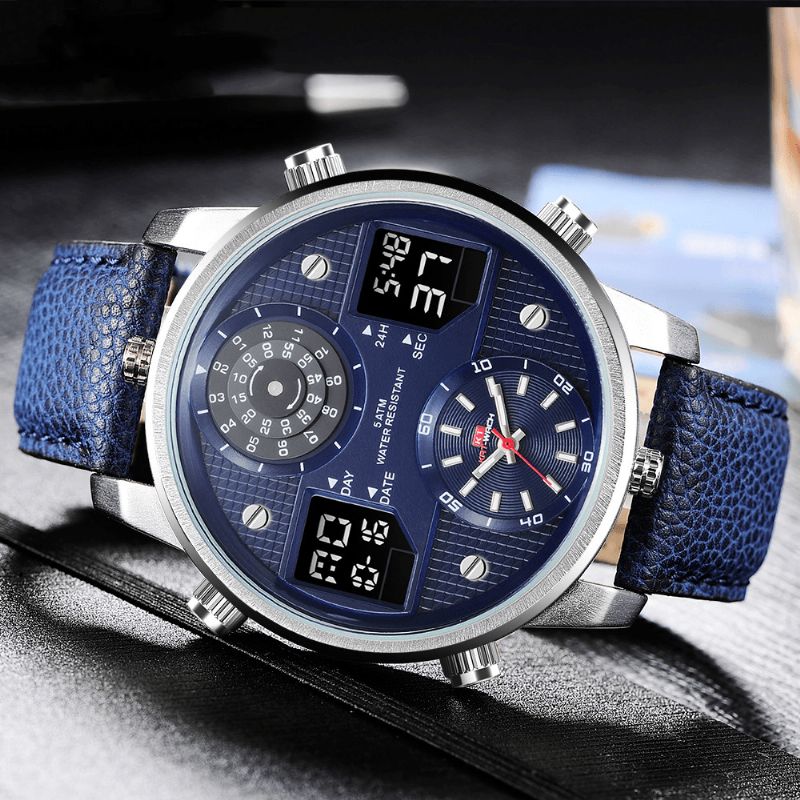 Kat-wach 720 Multifonction Mode Montre Numérique Affichage Led Lumineux Chronographe Calendrier Réveil Bracelet En Cuir Véritable 5atm Étanche Extérieur Hommes Double Affichage Montre