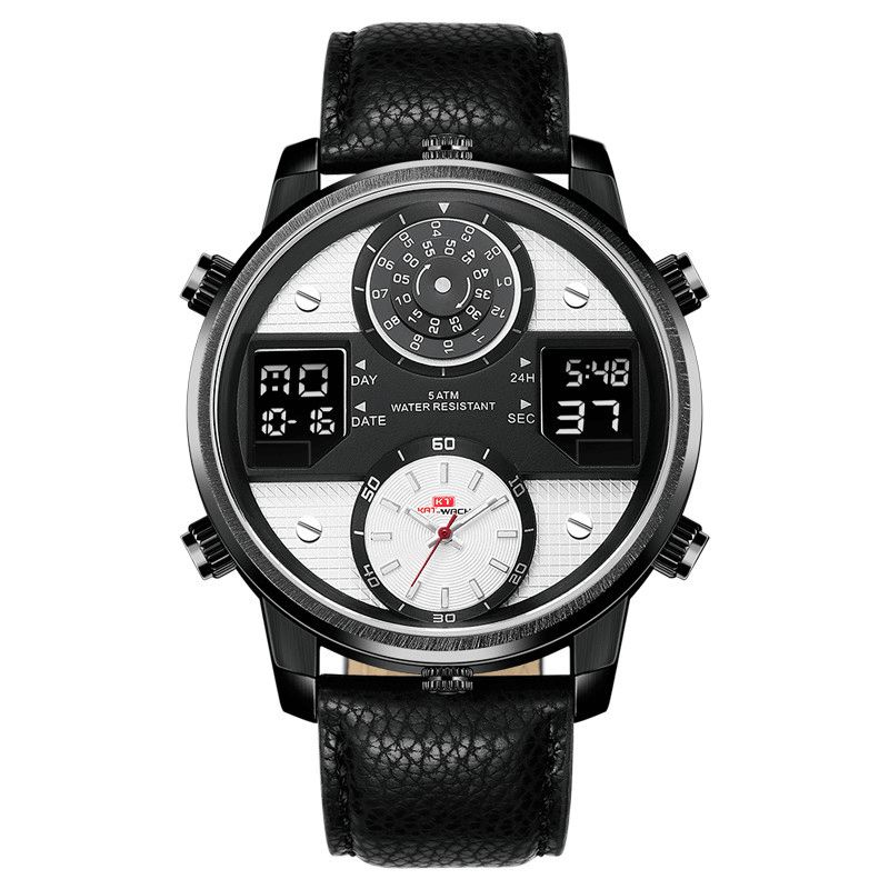 Kat-wach 720 Multifonction Mode Montre Numérique Affichage Led Lumineux Chronographe Calendrier Réveil Bracelet En Cuir Véritable 5atm Étanche Extérieur Hommes Double Affichage Montre