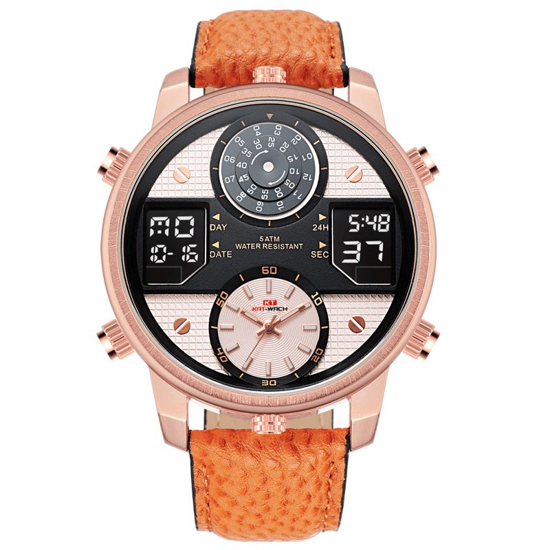 Kat-wach 720 Multifonction Mode Montre Numérique Affichage Led Lumineux Chronographe Calendrier Réveil Bracelet En Cuir Véritable 5atm Étanche Extérieur Hommes Double Affichage Montre