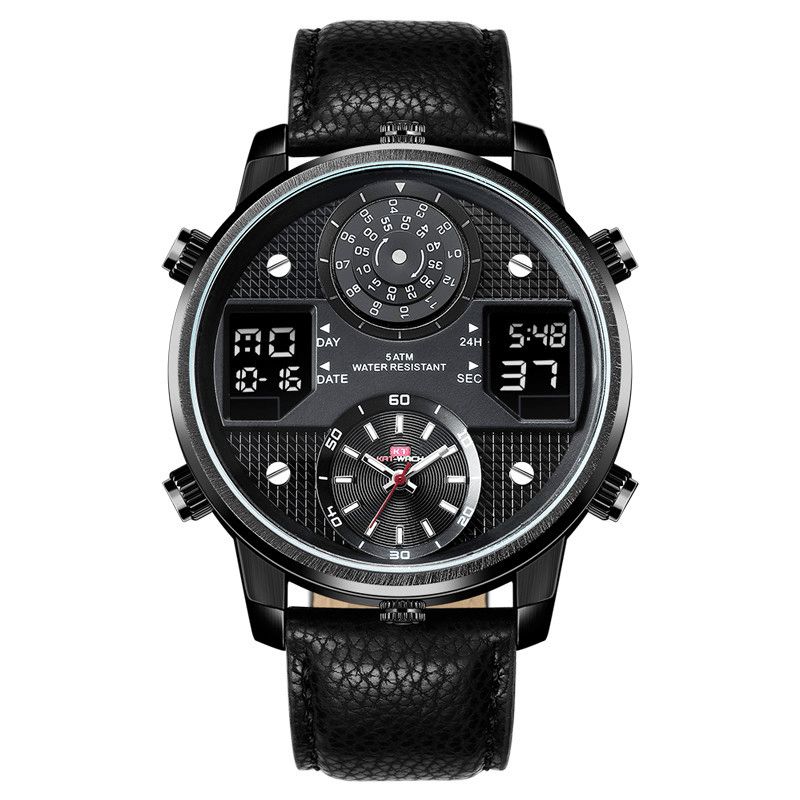 Kat-wach 720 Multifonction Mode Montre Numérique Affichage Led Lumineux Chronographe Calendrier Réveil Bracelet En Cuir Véritable 5atm Étanche Extérieur Hommes Double Affichage Montre