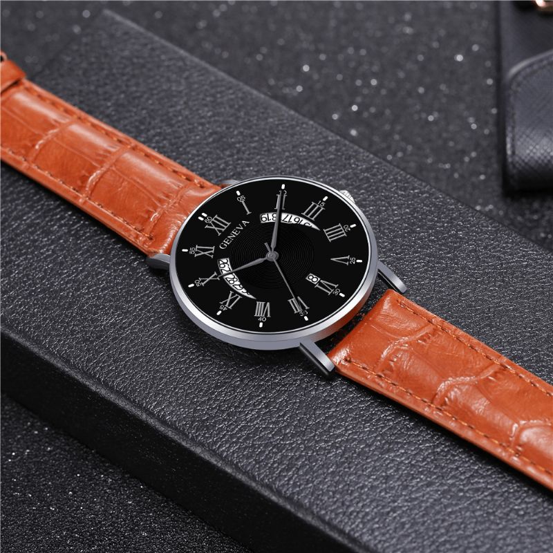 Khorasan Creative Casual Aile Creuse Conception Pu Cuir Bande Hommes Montre À Quartz Bracelet