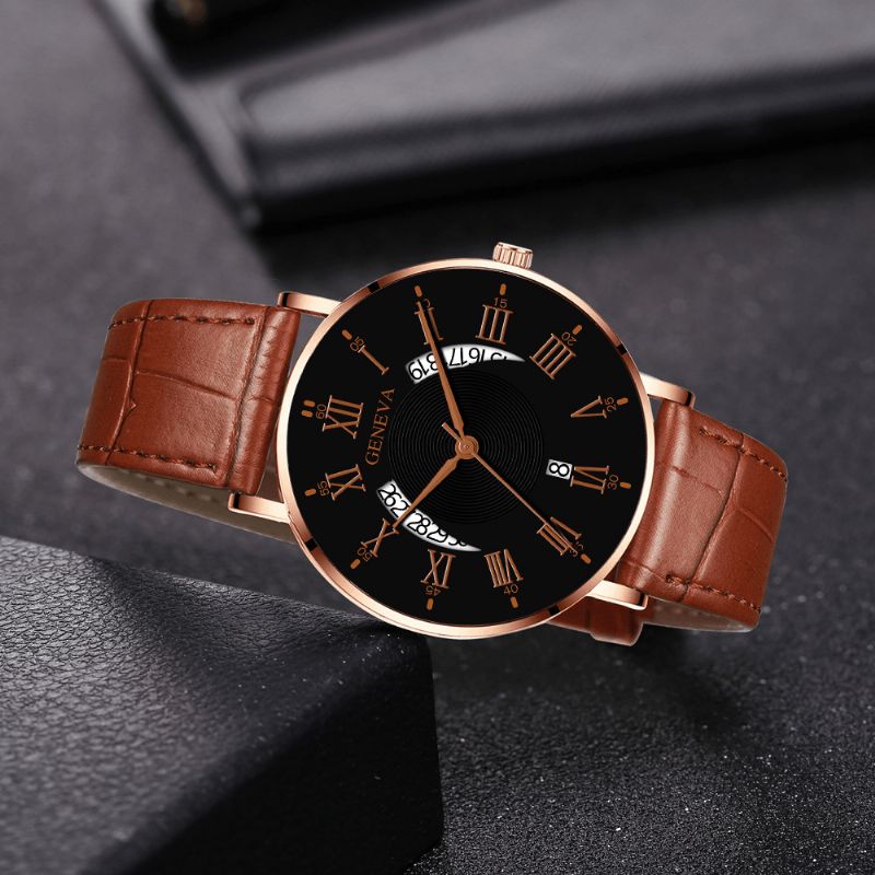 Khorasan Creative Casual Aile Creuse Conception Pu Cuir Bande Hommes Montre À Quartz Bracelet