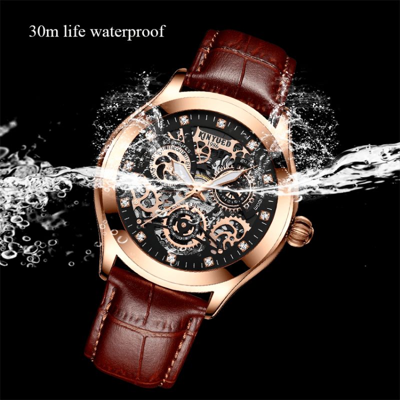 Kinyued Jyd-j062 Bracelet En Cuir Véritable Montre Mécanique Automatique Montres Pour Hommes En Cristal