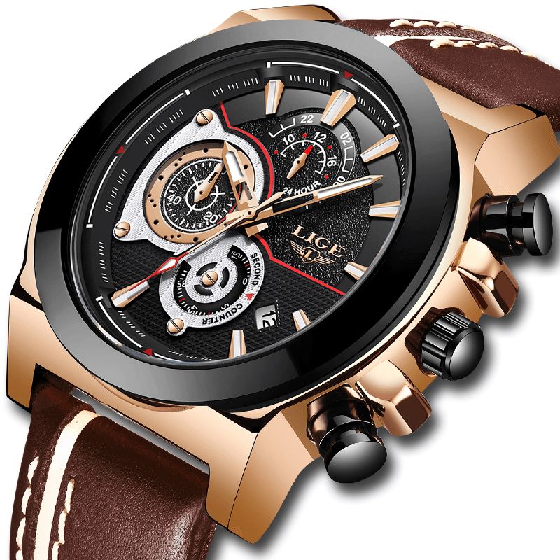 Lg8901 Casual Sport Affichage De La Date Hommes Montre-bracelet Affichage Lumineux Bracelet En Cuir Montre À Quartz